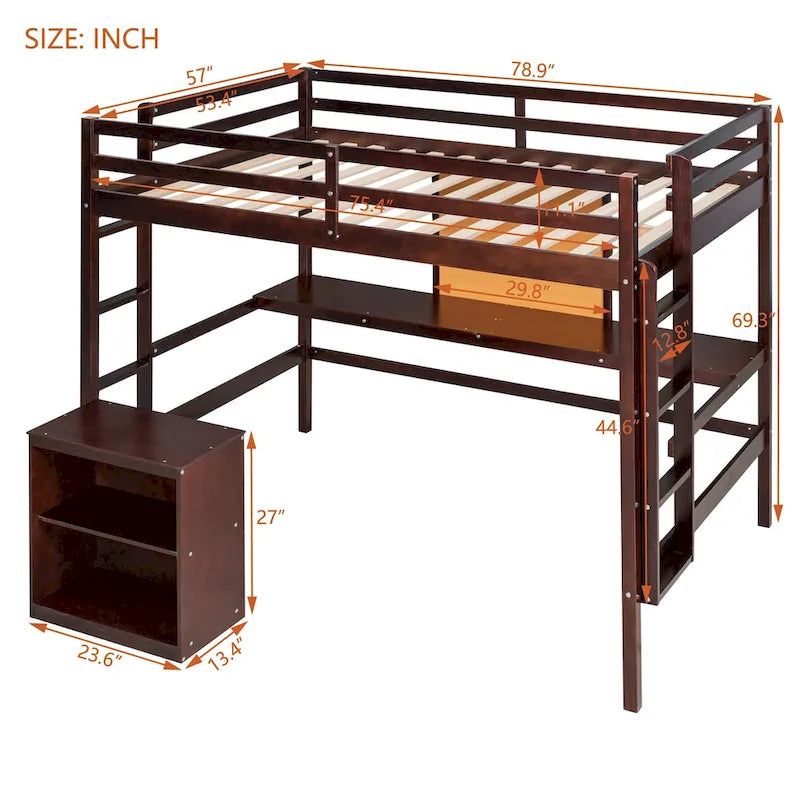 Loft Bed with Desk and Writing Board, Wooden Loft Bed with Desk & 2 Drawers Cabinet