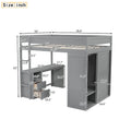 Gray Pine Wood Loft Bed with Wardrobes, 2-Drawer Desk, and Cabinet, Full-Length Guardrail