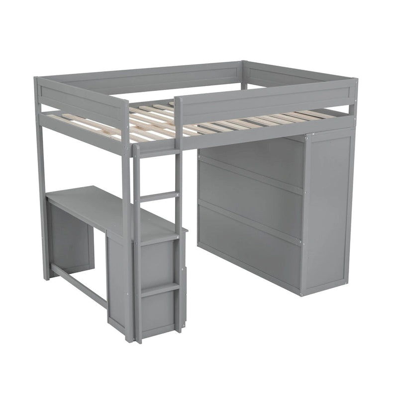 Gray Pine Wood Loft Bed with Wardrobes, 2-Drawer Desk, and Cabinet, Full-Length Guardrail