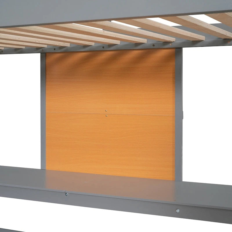 Gray Pine Wood Loft Bed with Desk and Cabinet, Writing Board, Full-Length Guardrail