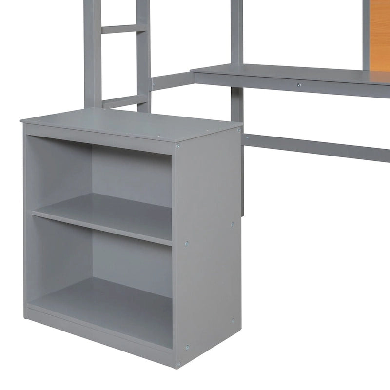 Gray Pine Wood Loft Bed with Desk and Cabinet, Writing Board, Full-Length Guardrail