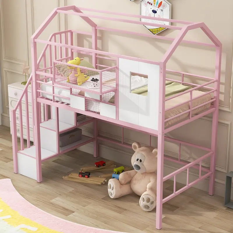 Harper&Bright Designs Metal Loft Bed with roof design and a storage box