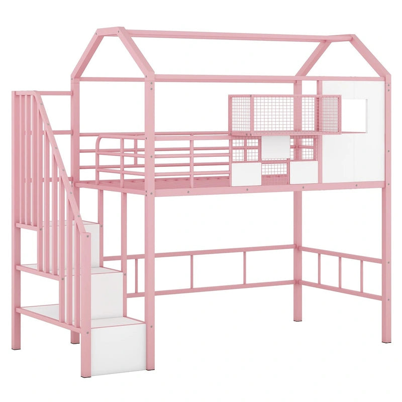 Harper&Bright Designs Metal Loft Bed with roof design and a storage box
