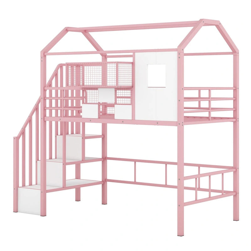 Harper&Bright Designs Metal Loft Bed with roof design and a storage box