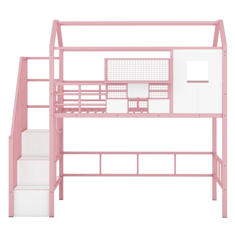 Harper&Bright Designs Metal Loft Bed with roof design and a storage box