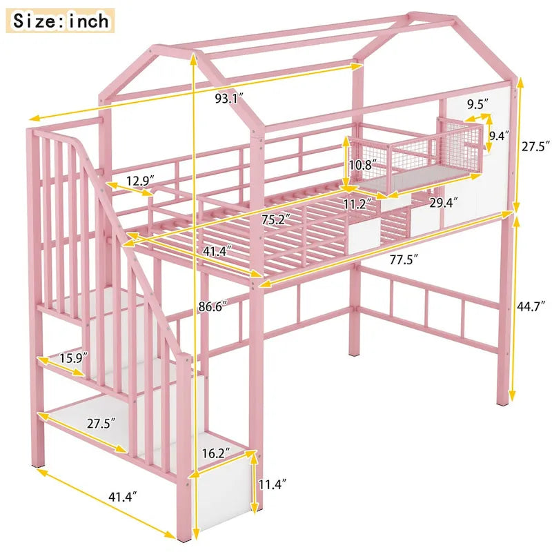 Harper&Bright Designs Metal Loft Bed with roof design and a storage box