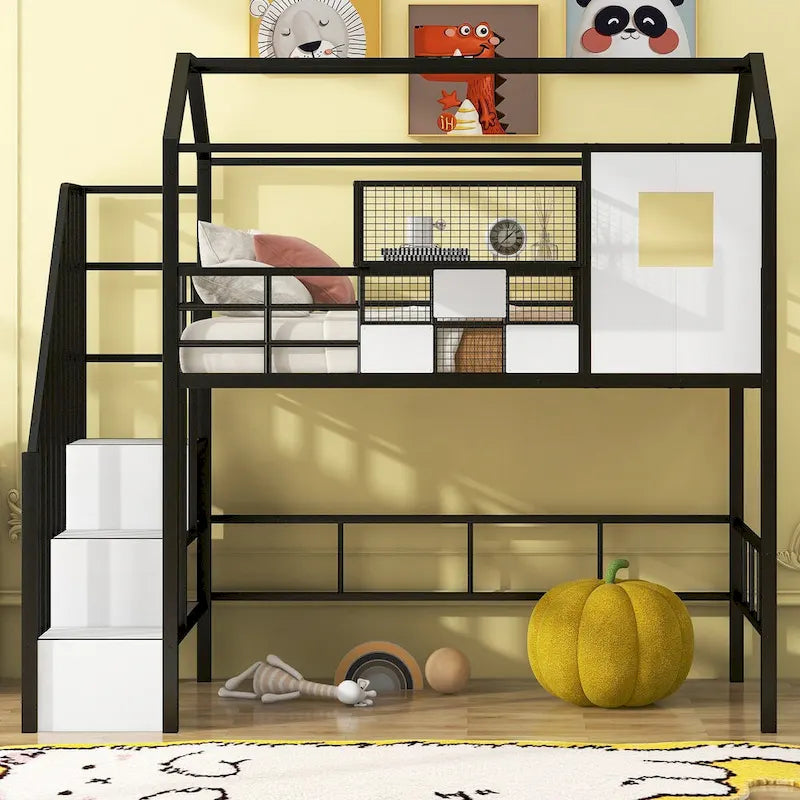 Harper&Bright Designs Metal Loft Bed with roof design and a storage box