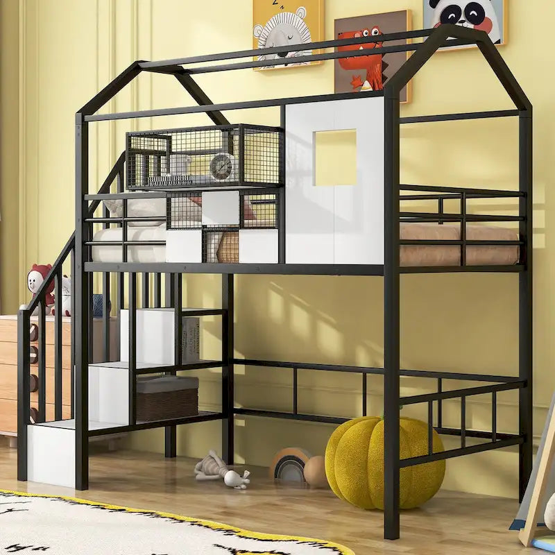 Harper&Bright Designs Metal Loft Bed with roof design and a storage box