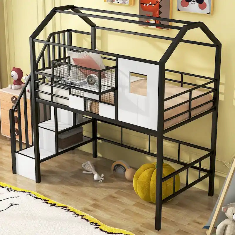 Harper&Bright Designs Metal Loft Bed with roof design and a storage box