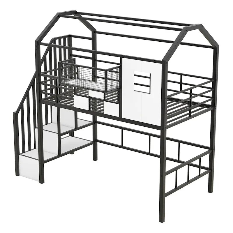 Harper&Bright Designs Metal Loft Bed with roof design and a storage box