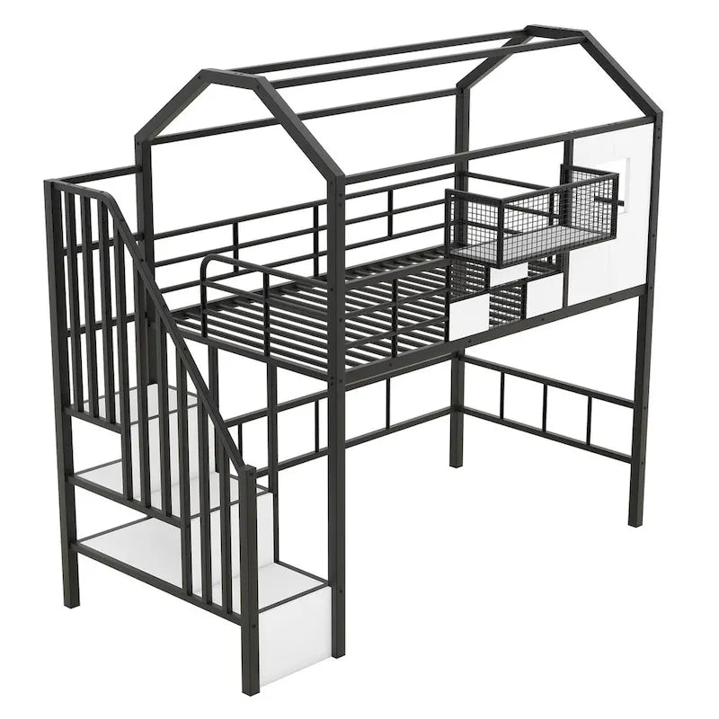 Harper&Bright Designs Metal Loft Bed with roof design and a storage box