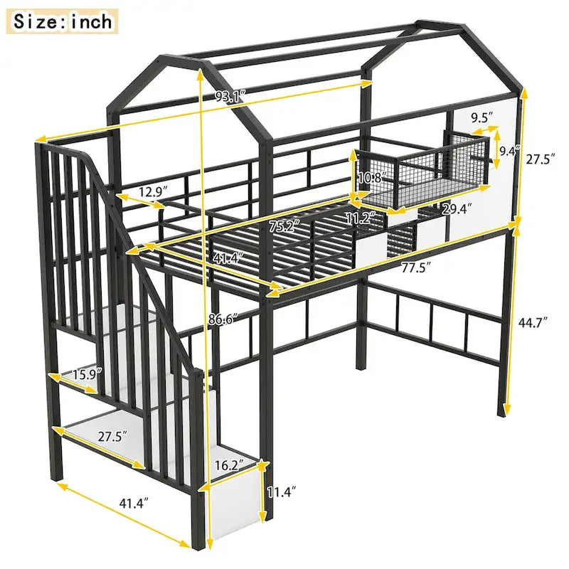 Harper&Bright Designs Metal Loft Bed with roof design and a storage box