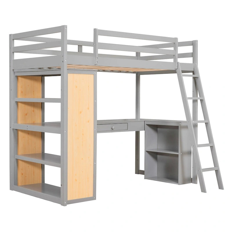 Loft Bed with Desk, Shelves, Drawer, and Ladder, Full-Length Guardrail