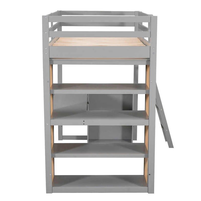 Loft Bed with Desk, Shelves, Drawer, and Ladder, Full-Length Guardrail