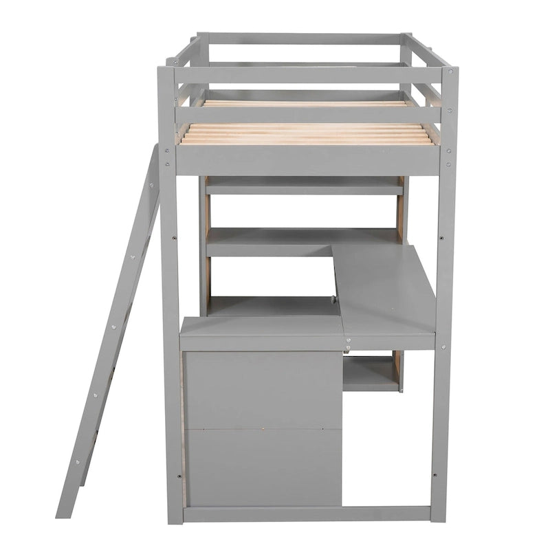 Loft Bed with Desk, Shelves, Drawer, and Ladder, Full-Length Guardrail
