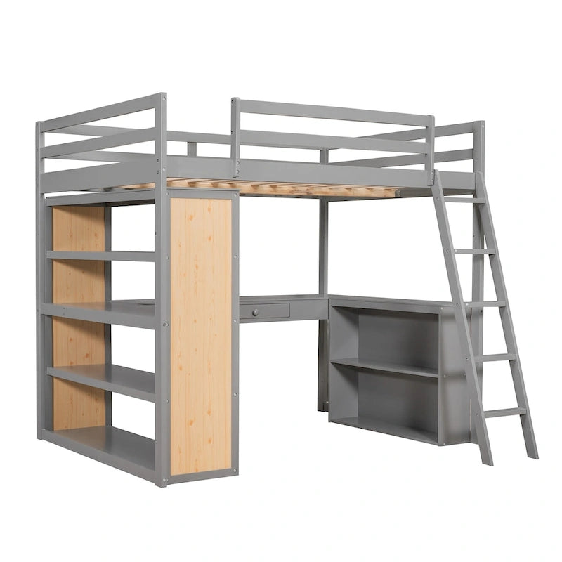 Loft Bed with Desk, Shelves, Drawer, and Ladder, Full-Length Guardrail