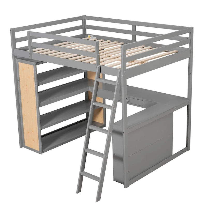 Loft Bed with Desk, Shelves, Drawer, and Ladder, Full-Length Guardrail