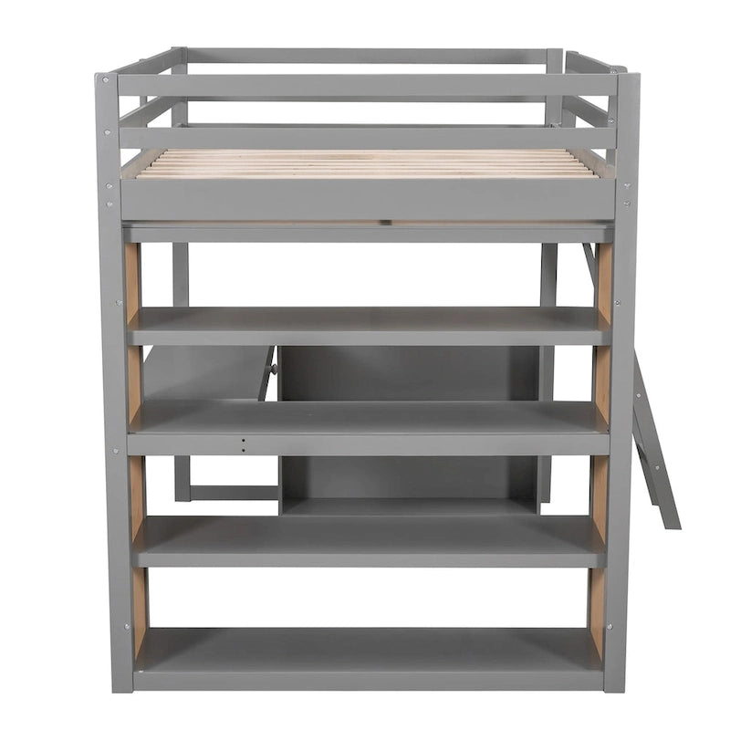 Loft Bed with Desk, Shelves, Drawer, and Ladder, Full-Length Guardrail