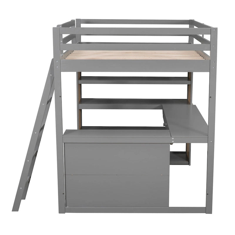 Loft Bed with Desk, Shelves, Drawer, and Ladder, Full-Length Guardrail