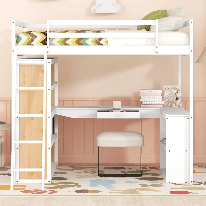 Loft Bed with Desk, Shelves, Drawer, and Ladder, Full-Length Guardrail