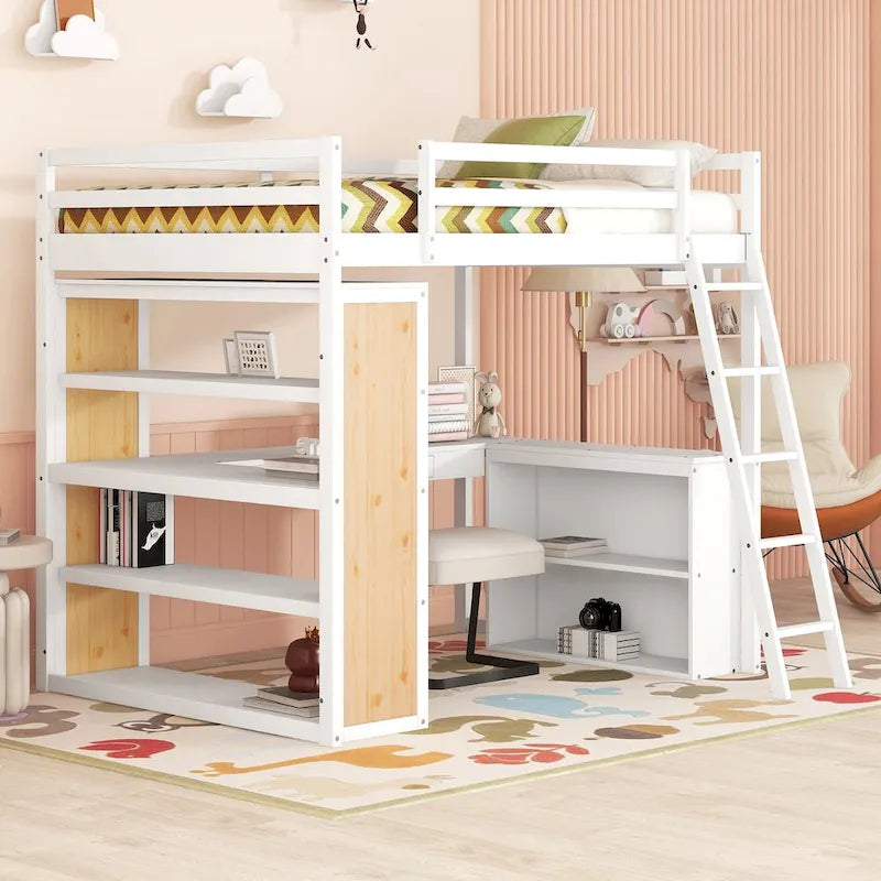 Loft Bed with Desk, Shelves, Drawer, and Ladder, Full-Length Guardrail