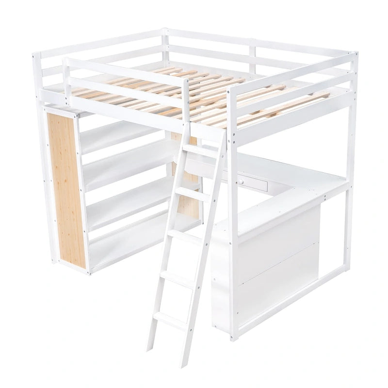 Loft Bed with Desk, Shelves, Drawer, and Ladder, Full-Length Guardrail