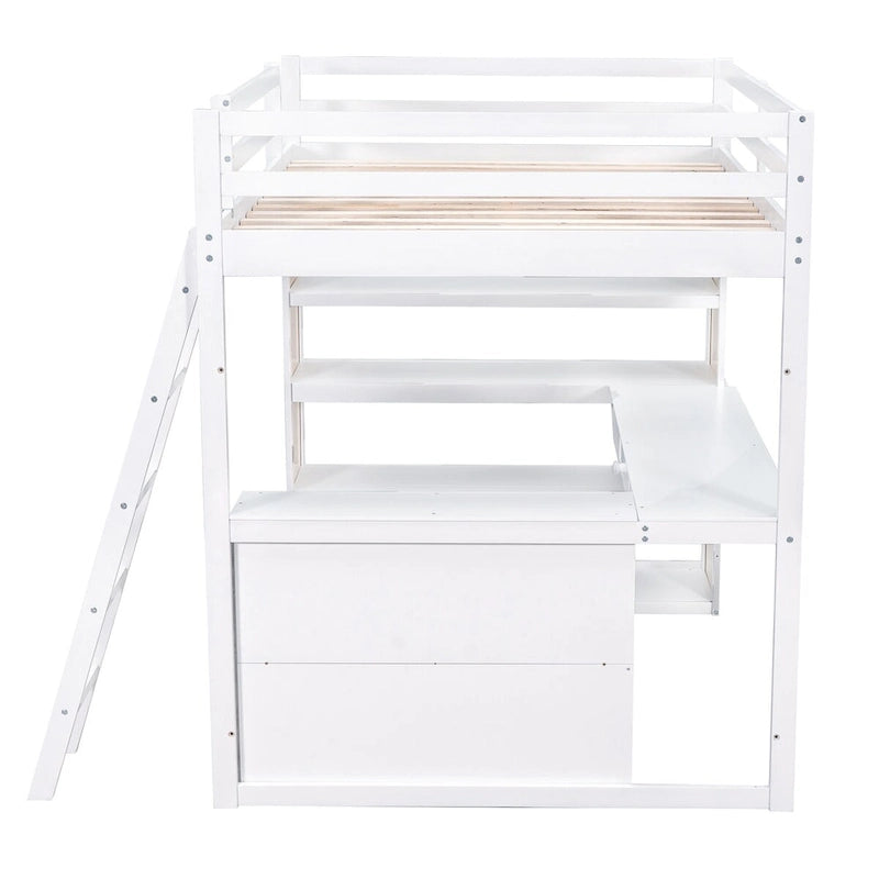 Loft Bed with Desk, Shelves, Drawer, and Ladder, Full-Length Guardrail