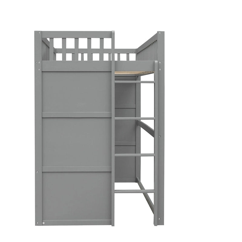Gray Castle Style Twin Solid Pine Loft Bed with Ladder, Guard Rails