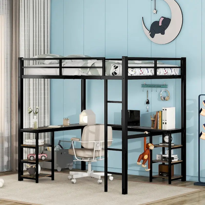 Full Metal Loft Bed with Desk and Shelves