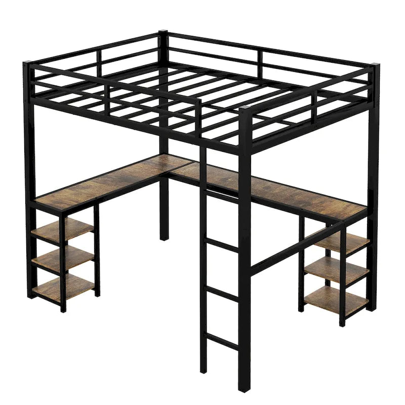 Full Metal Loft Bed with Desk and Shelves