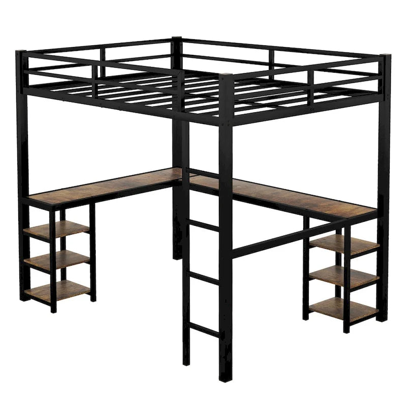 Full Metal Loft Bed with Desk and Shelves