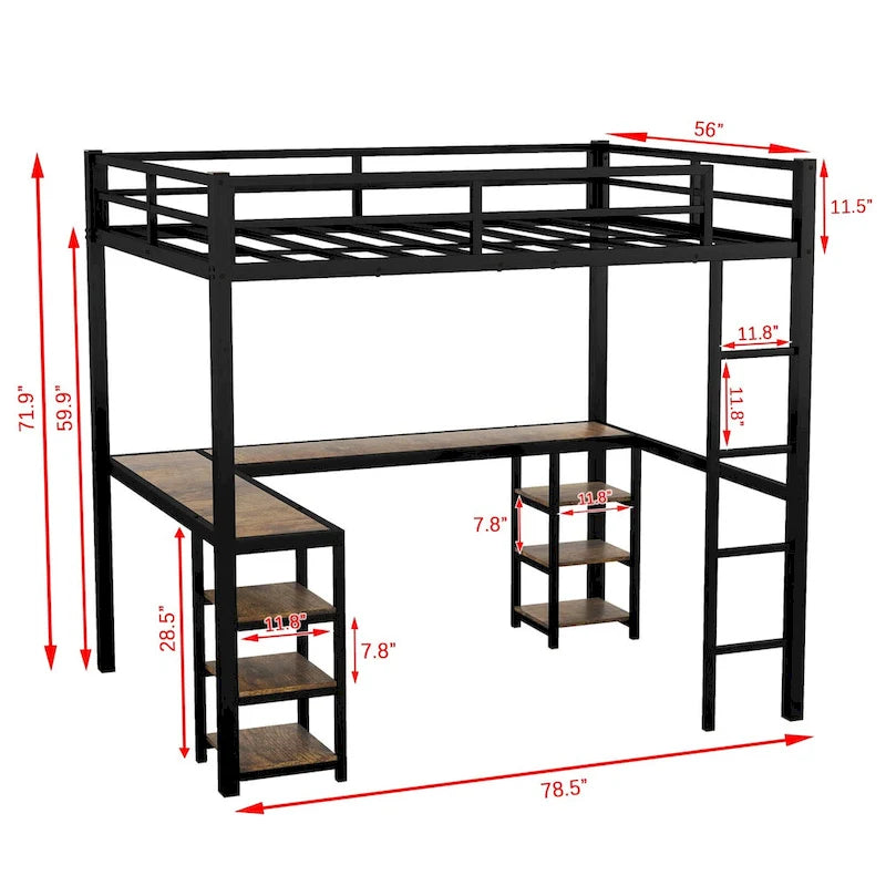 Full Metal Loft Bed with Desk and Shelves