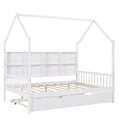 White Wooden Kids House Bed with Trundle and Shelf