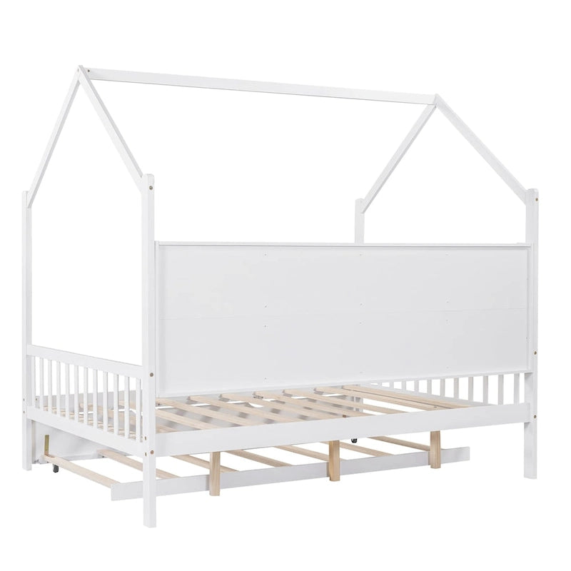 White Wooden Kids House Bed with Trundle and Shelf