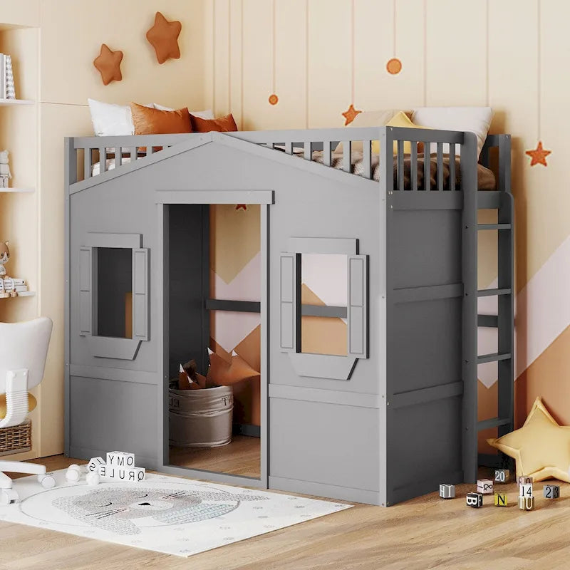 Castle Style Solid Pine Loft Bed with Ladder, Guard Rails