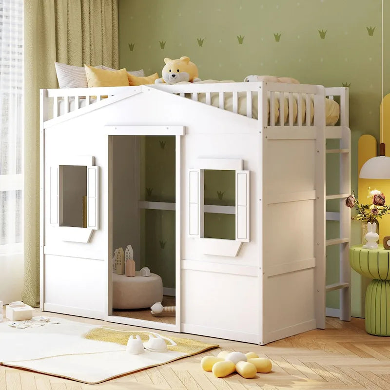 Castle Style Solid Pine Loft Bed with Ladder, Guard Rails