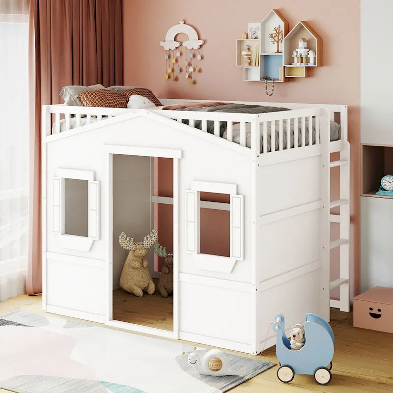 Castle Style Solid Pine Loft Bed with Ladder, Guard Rails