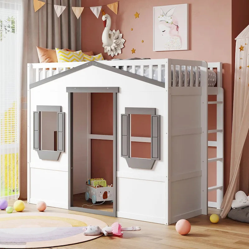 Castle Style Solid Pine Loft Bed with Ladder, Guard Rails