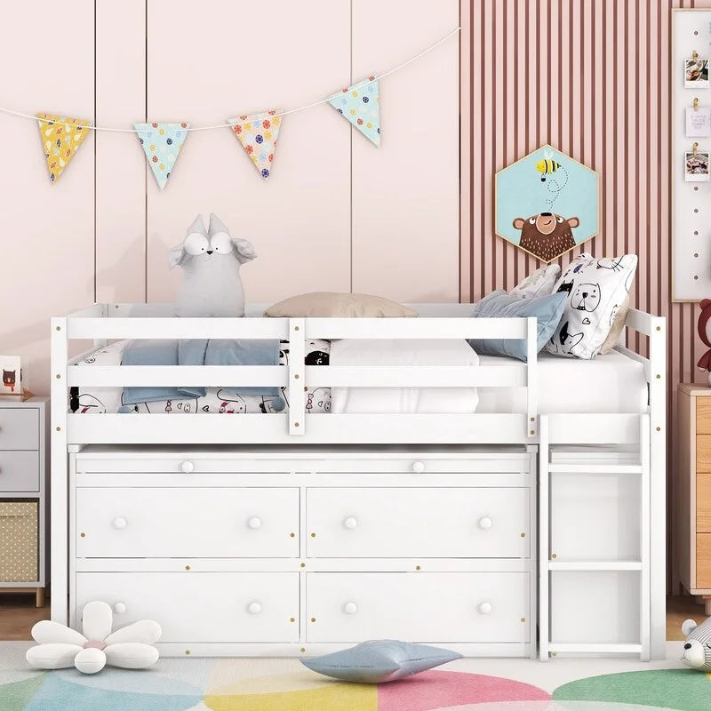 Full Size Loft Bed with Retractable Writing Desk and 4 Drawers
