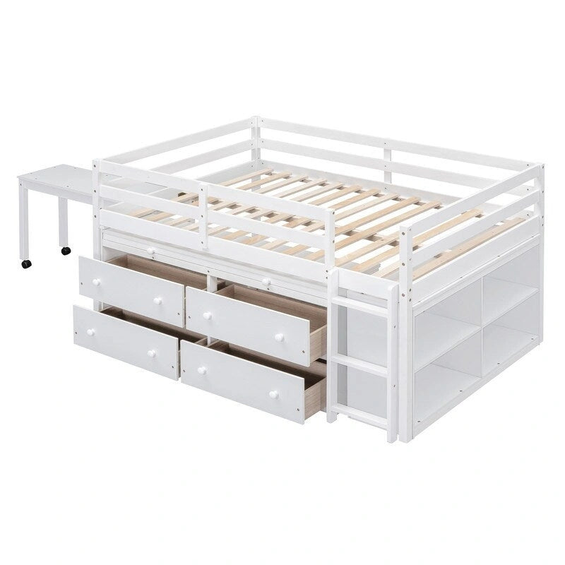 Full Size Loft Bed with Retractable Writing Desk and 4 Drawers