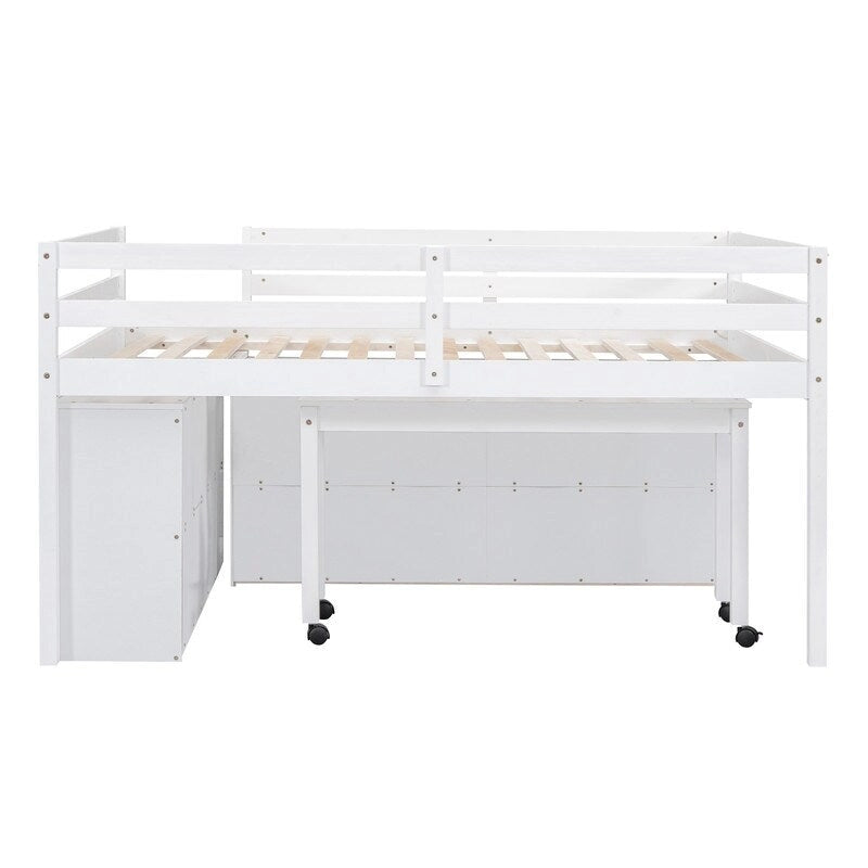 Full Size Loft Bed with Retractable Writing Desk and 4 Drawers