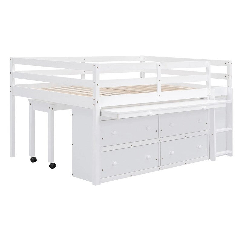 Full Size Loft Bed with Retractable Writing Desk and 4 Drawers
