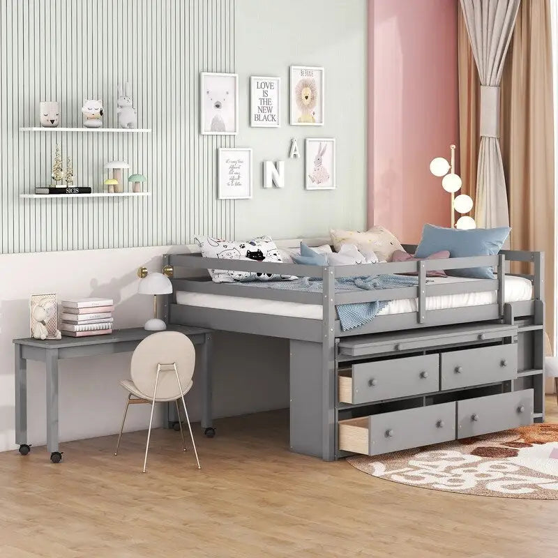 Full Size Loft Bed with Retractable Writing Desk and 4 Drawers