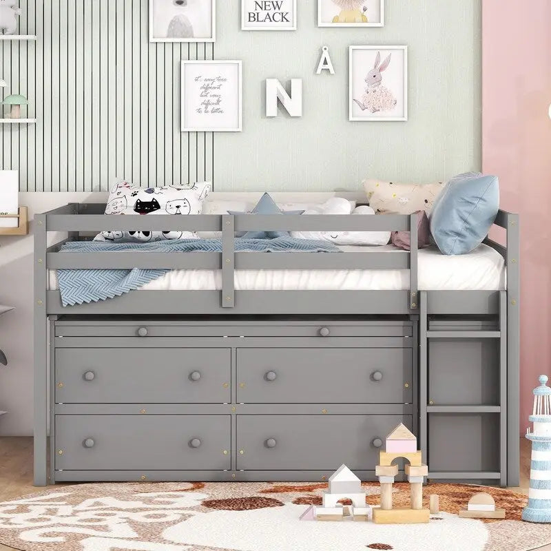 Full Size Loft Bed with Retractable Writing Desk and 4 Drawers