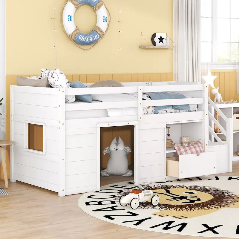 Twin Size Low Loft Bed with Drawers and Stairway