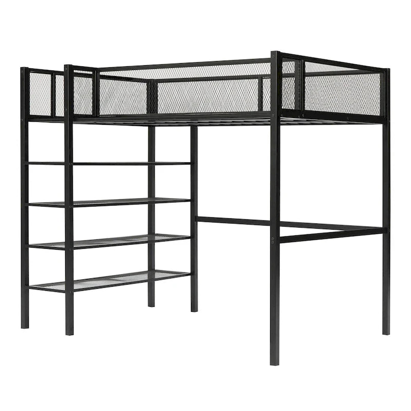 Black Metal Loft Bed with 4-Tier Shelves and Storage
