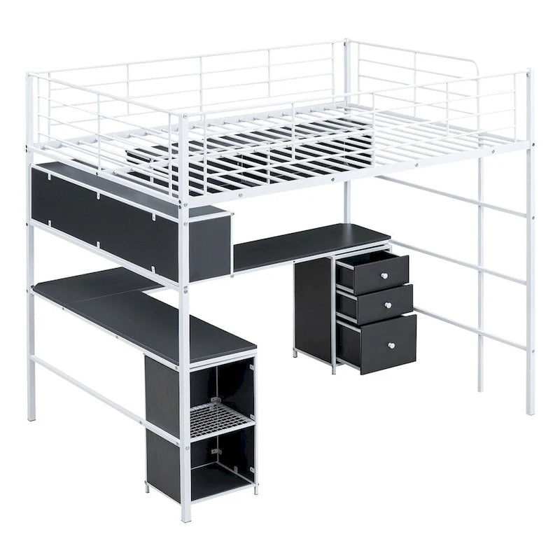 Metal Loft Bed With Bookcase,Desk And Cabinet,Full