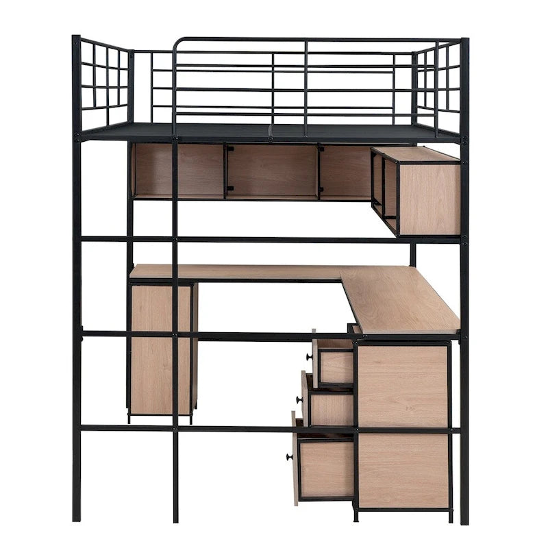 Metal Loft Bed With Bookcase,Desk And Cabinet,Full