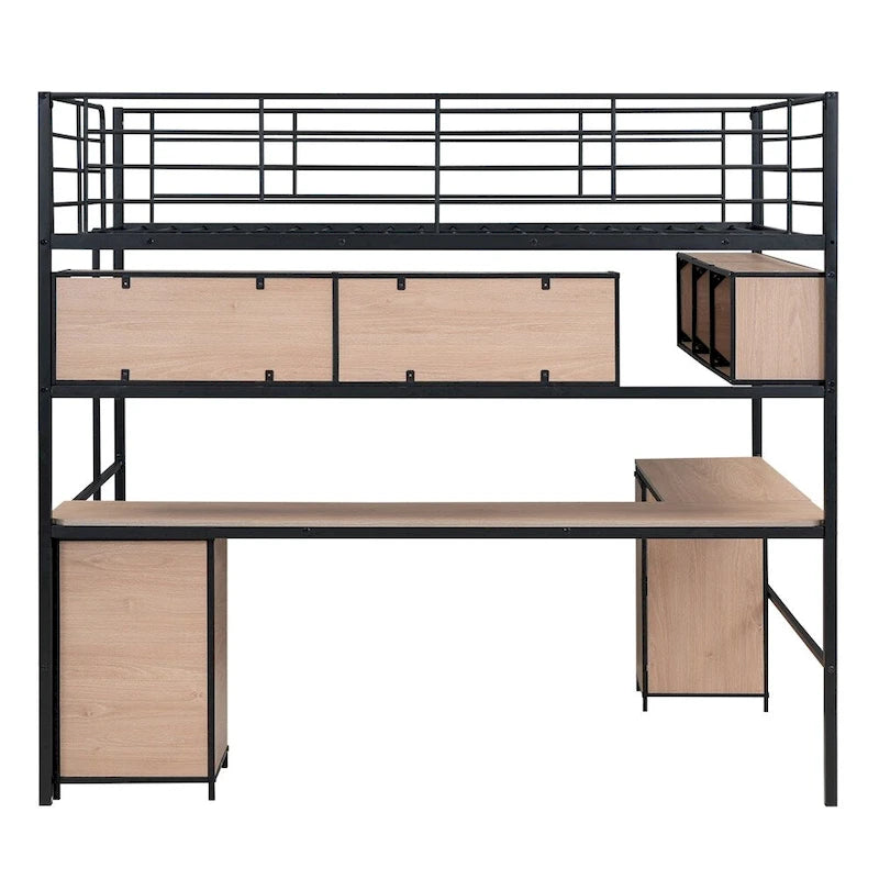 Metal Loft Bed With Bookcase,Desk And Cabinet,Full