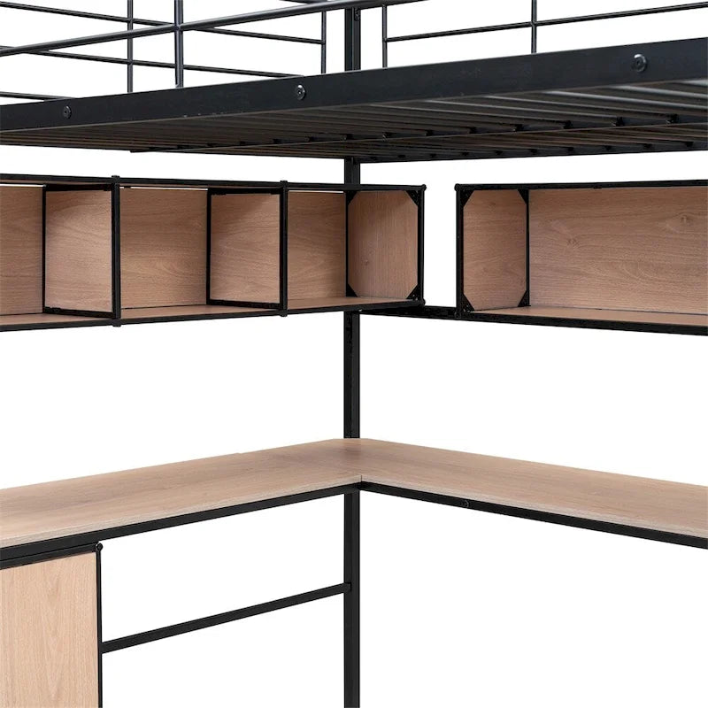 Metal Loft Bed With Bookcase,Desk And Cabinet,Full